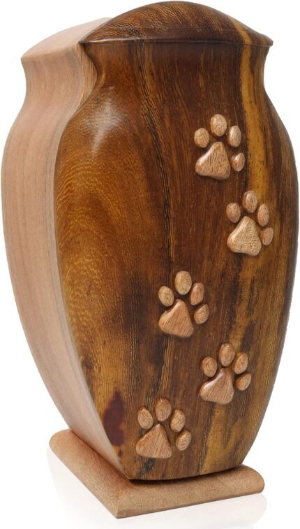 Wooden Cremation Pet Urn with Paw Print Design - 40 Cubic Inches